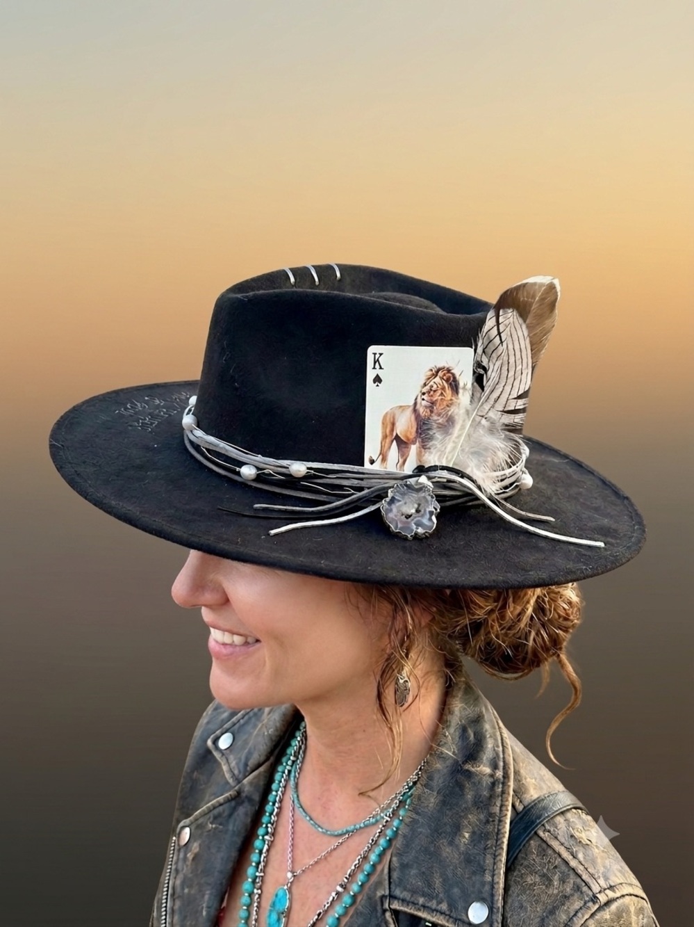 "Brave Soul" Custom Black Wide-Brim Hat with Geode, Pearls & Engraved Brim